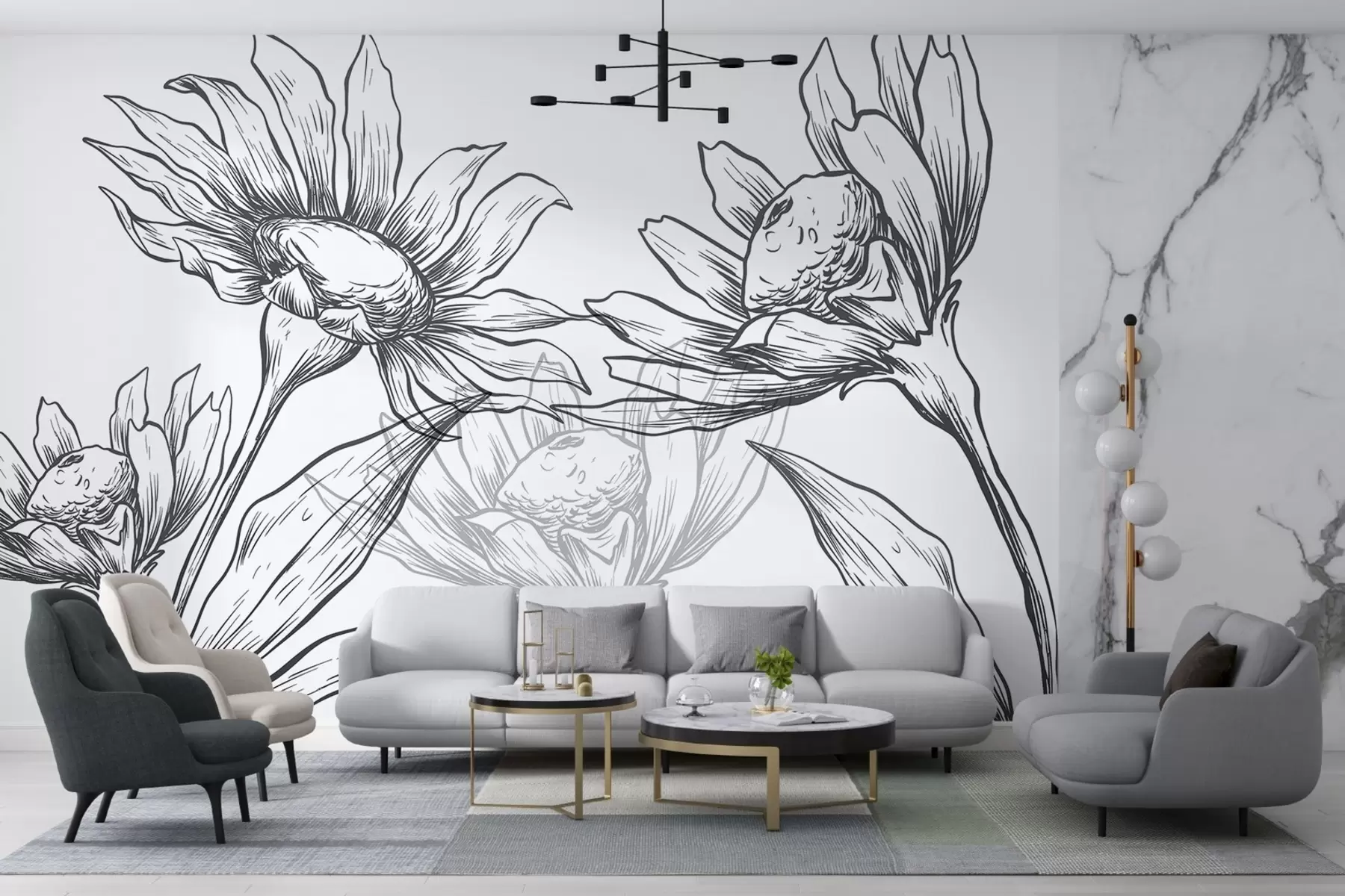 murales de pared Grandes flores de crisantemo, en líneas, en tonos grises oscuros w02099