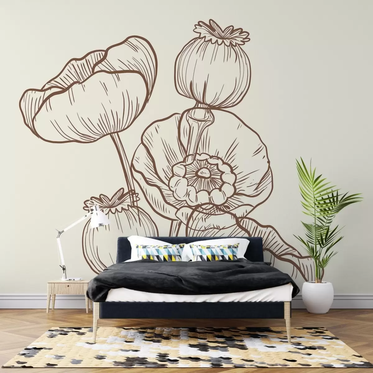 murales de pared Flor de amapola marrón, con líneas,Amapola w02100v2
