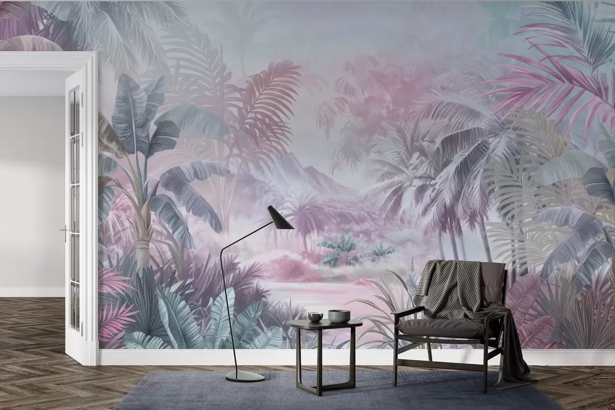murales de pared Selva tropical en suaves tonos azules y rosas w01931v2