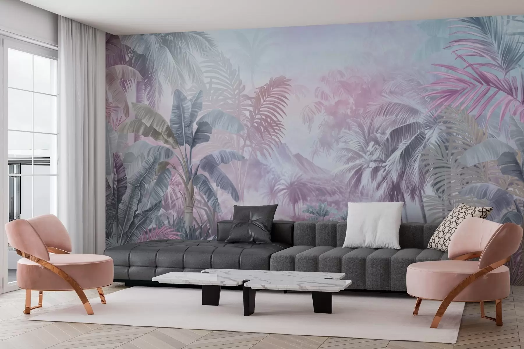 murales de pared Selva tropical en suaves tonos azules y rosas w01931v2
