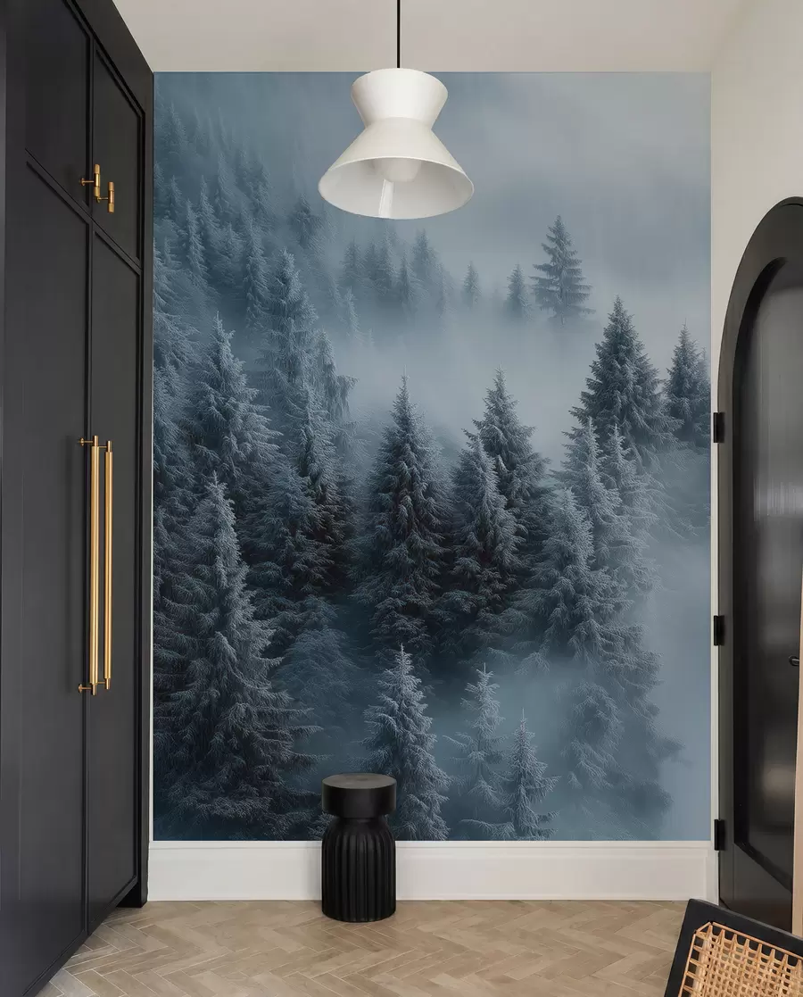 murales de pared Niebla espesa que envuelve un bosque nevado por la mañana en tonos azules w02064