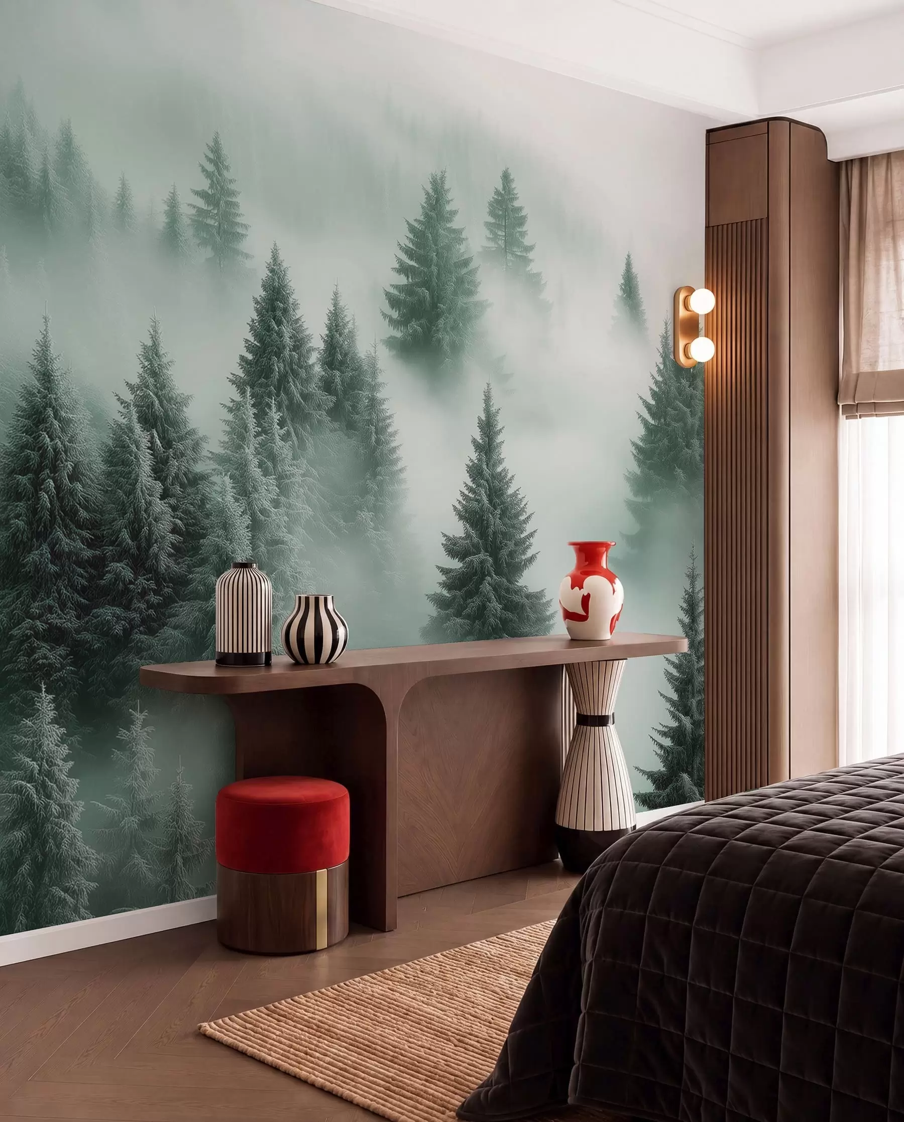 murales de pared Niebla espesa que envuelve un bosque nevado por la mañana en tonos verdes w02064v1