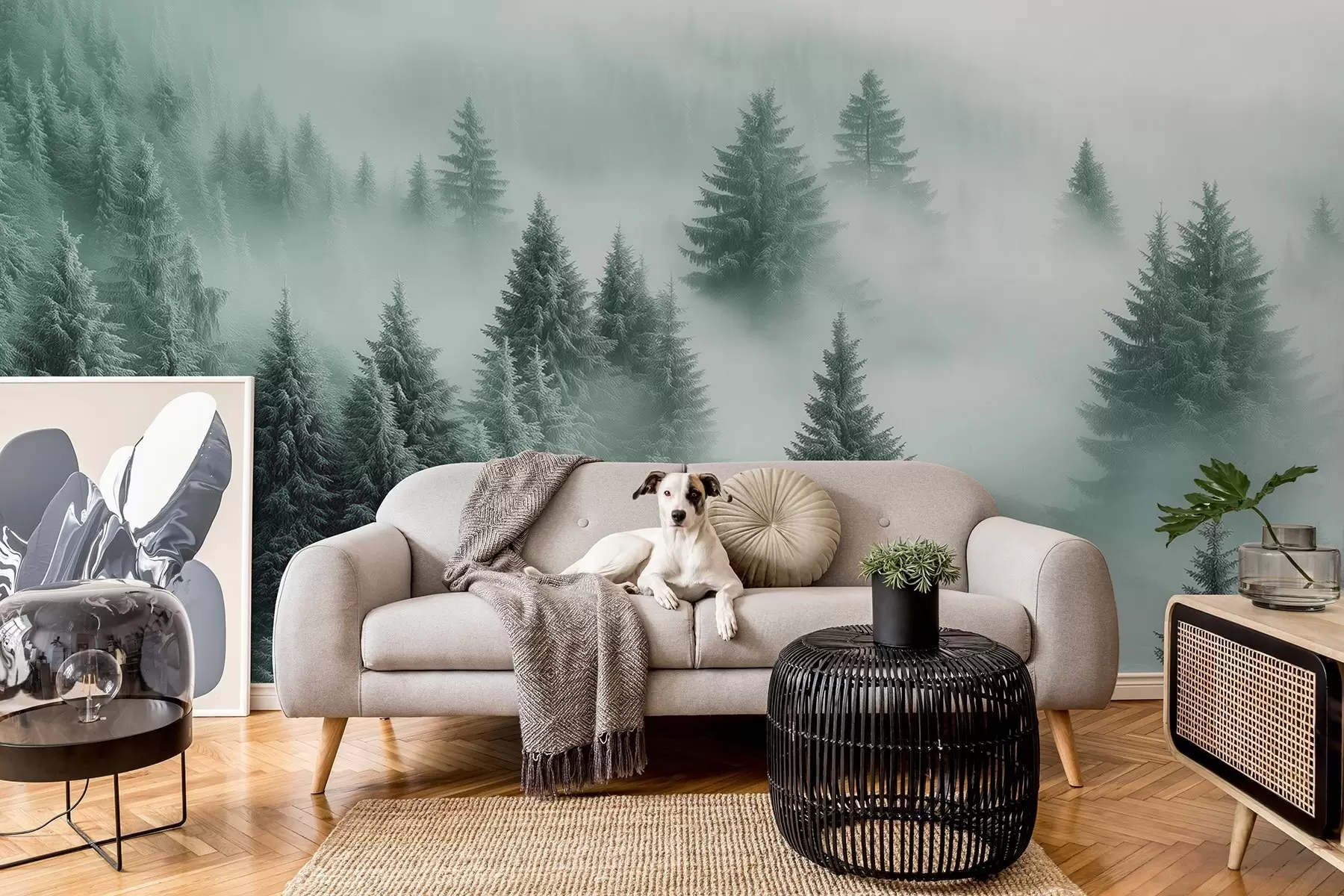 murales de pared Niebla espesa que envuelve un bosque nevado por la mañana en tonos verdes w02064v1