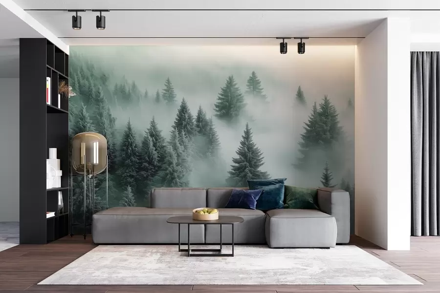 murales de pared Niebla espesa que envuelve un bosque nevado por la mañana en tonos verdes w02064v1
