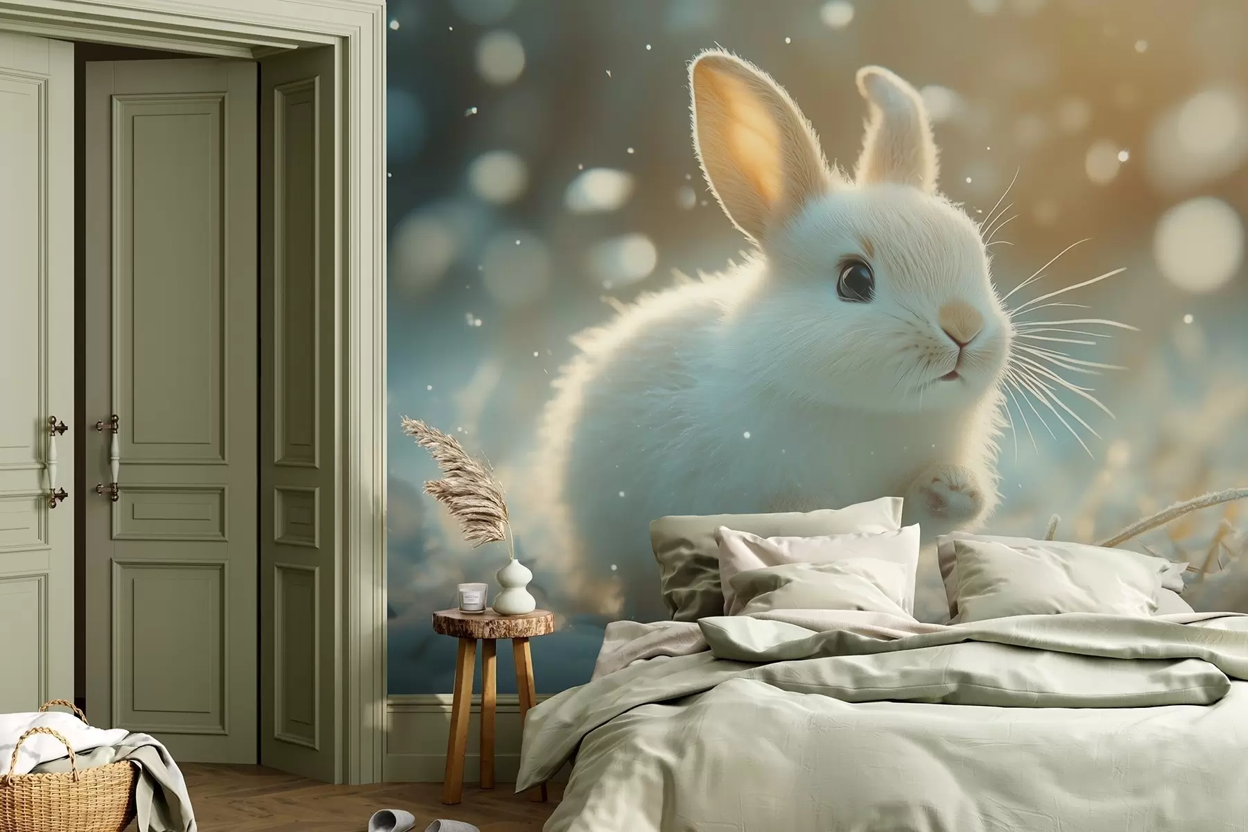 murales de pared Un lindo conejo blanco corriendo por la nieve matutina w02066