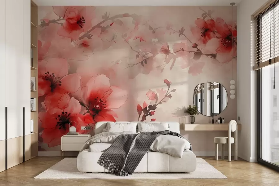 murales de pared Composición en acuarela de flores rojas sobre ramas oscuras w02068v2