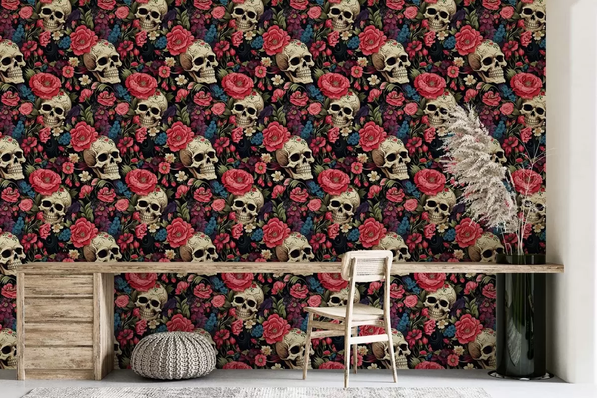 murales de pared Papel pintado místico de estilo retro con motivos de calaveras y flores en tonos rosas sobre fondo oscuro w02084