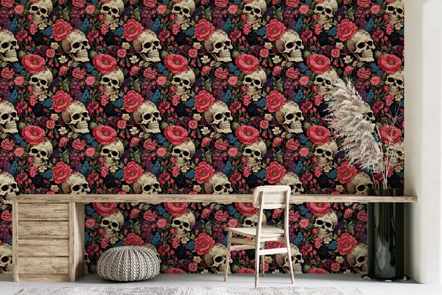 murales de pared Papel pintado místico de estilo retro con motivos de calaveras y flores en tonos rosas sobre fondo oscuro w02084