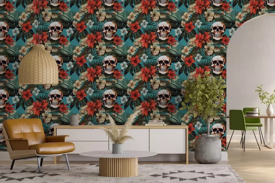 murales de pared Patrón en esterillas tropicales con flores y calaveras w02122