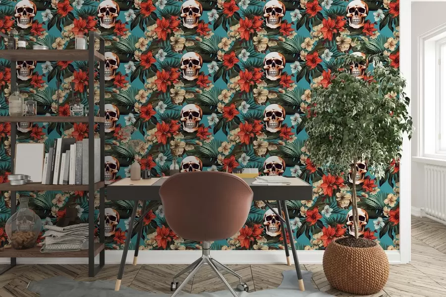 murales de pared Patrón en esterillas tropicales con flores y calaveras w02122