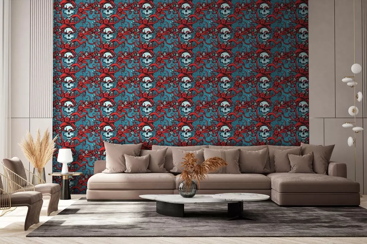 murales de pared Motivo místico con calaveras y tentáculos rojos de pulpo sobre fondo turquesa w02123