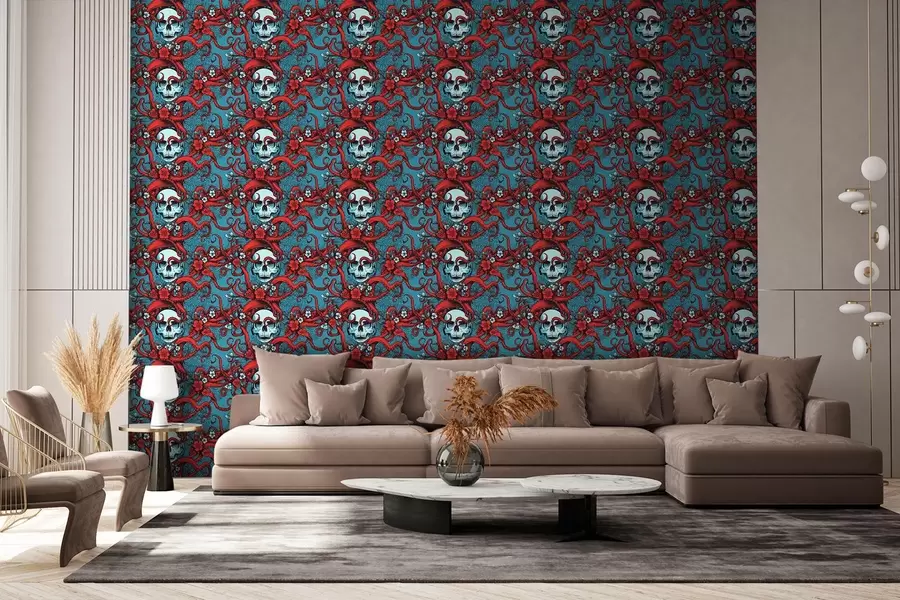 murales de pared Motivo místico con calaveras y tentáculos rojos de pulpo sobre fondo turquesa w02123