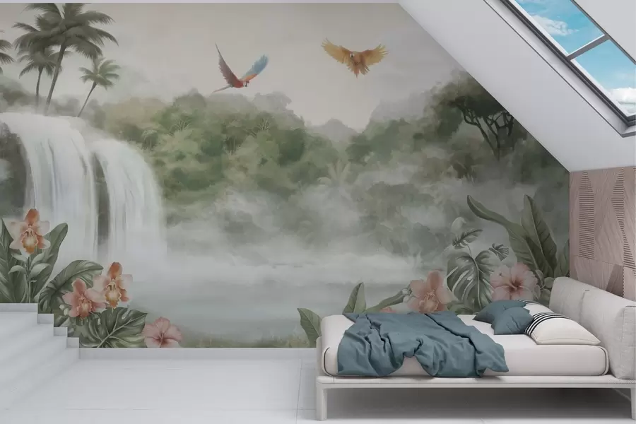 murales de pared Paisaje tropical con cascada, estanque, flores y pájaros w02127