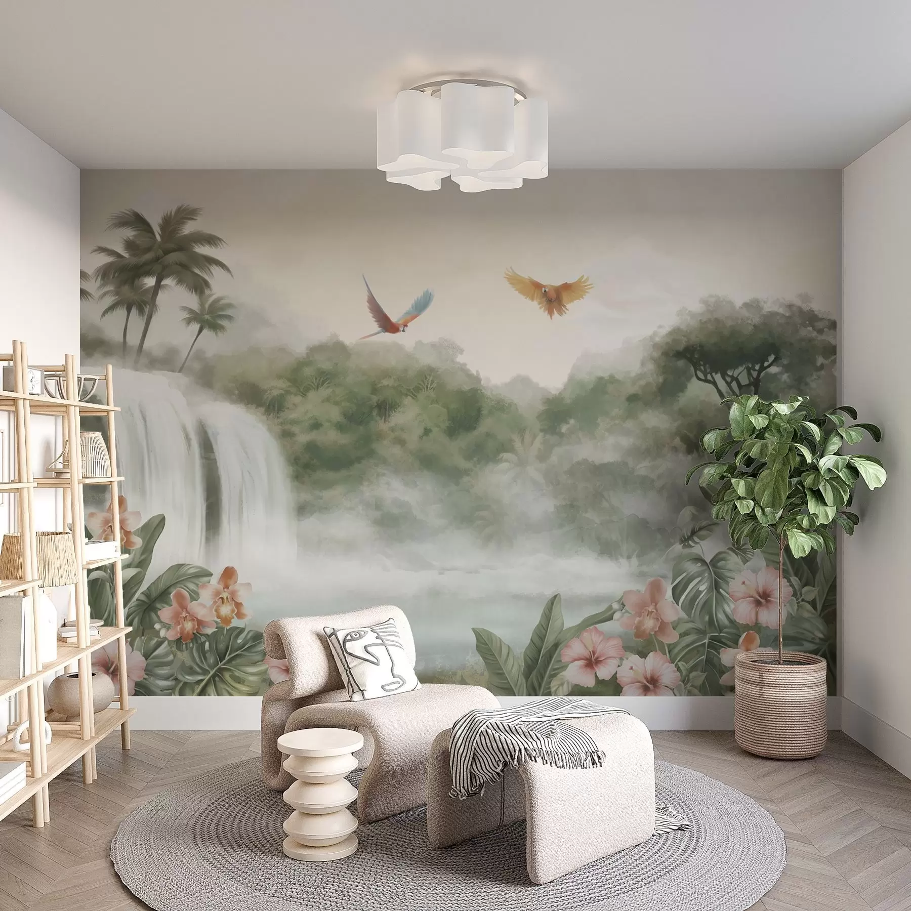murales de pared Paisaje tropical con cascada, estanque, flores y pájaros w02127