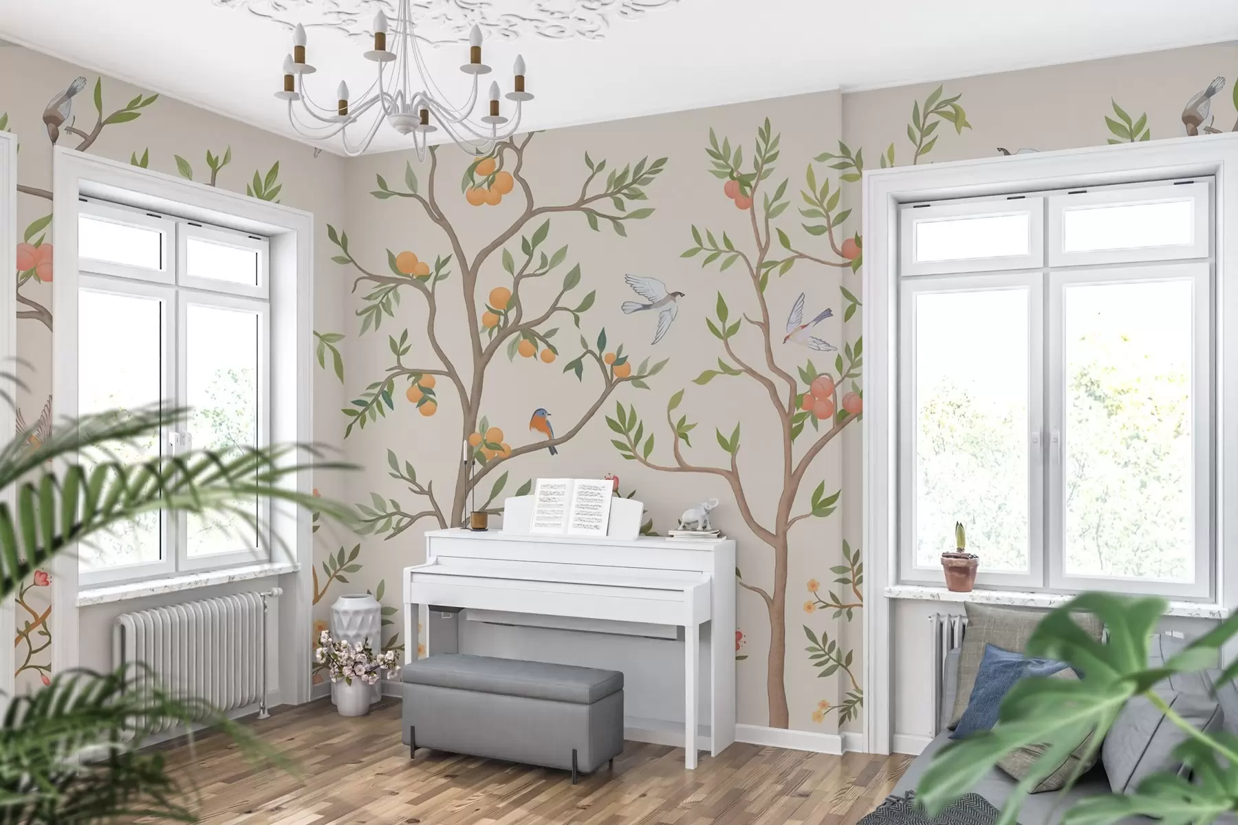 murales de pared Diseño Chinoiserie con pájaros, árboles sinuosos, frutas y flores w02128