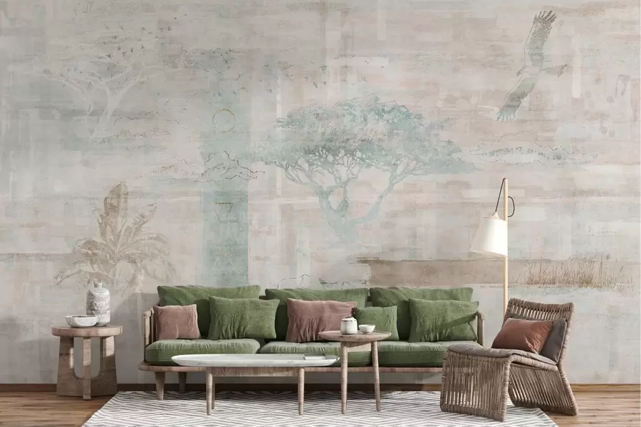 murales de pared Diseño de efecto grunge vintage con árboles, águila y elementos geométricos w02130