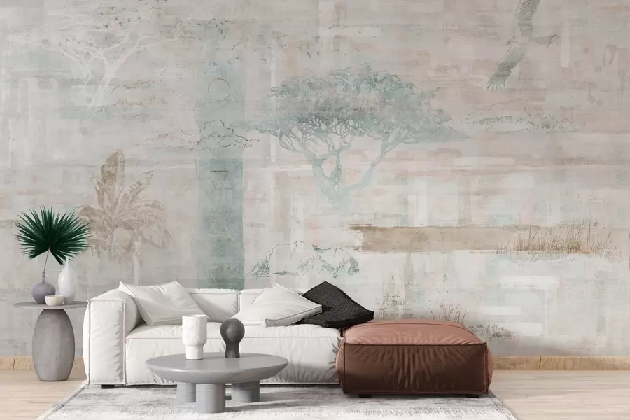 murales de pared Diseño de efecto grunge vintage con árboles, águila y elementos geométricos w02130