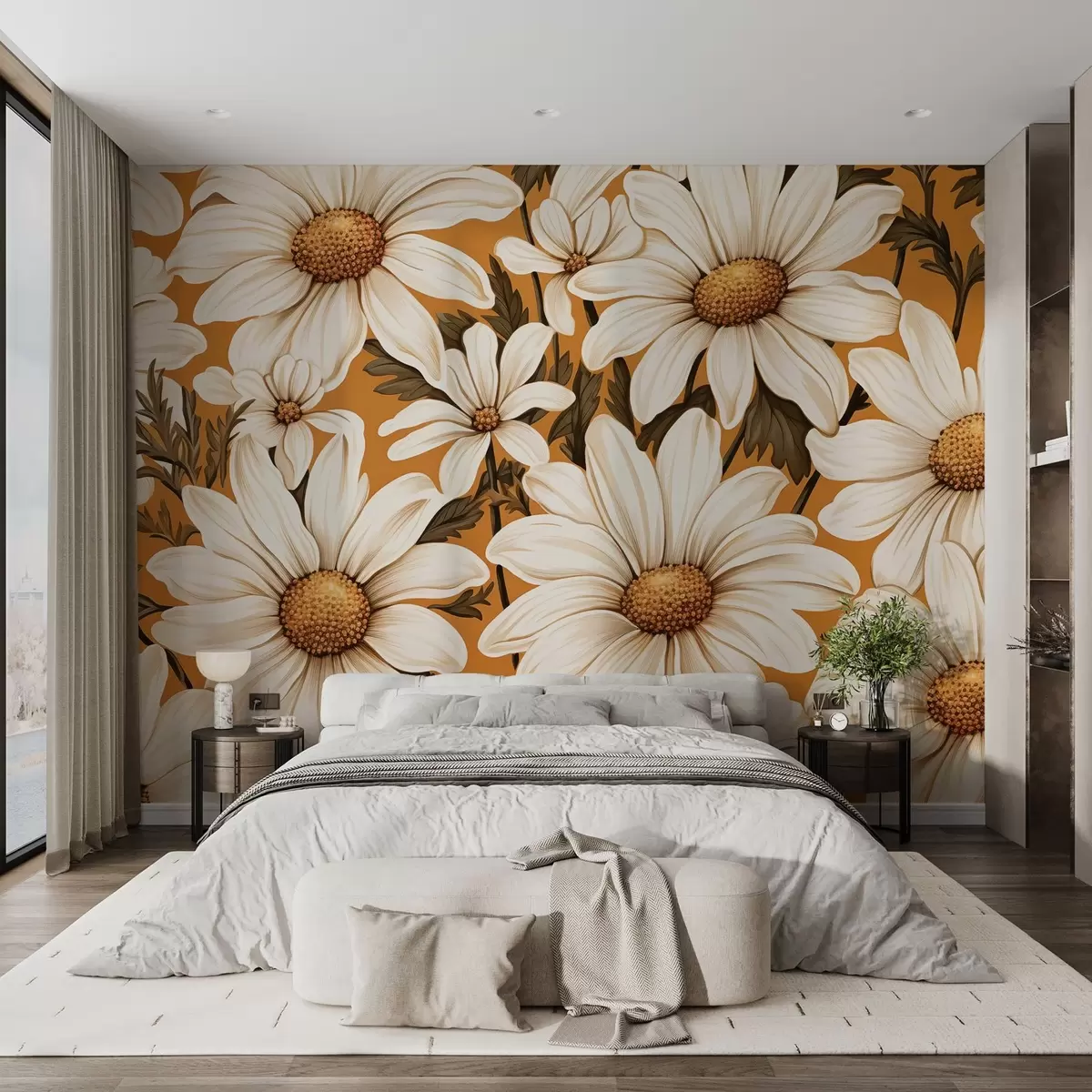 murales de pared Margaritas blancas sobre fondo amarillo estilo vintage w02171