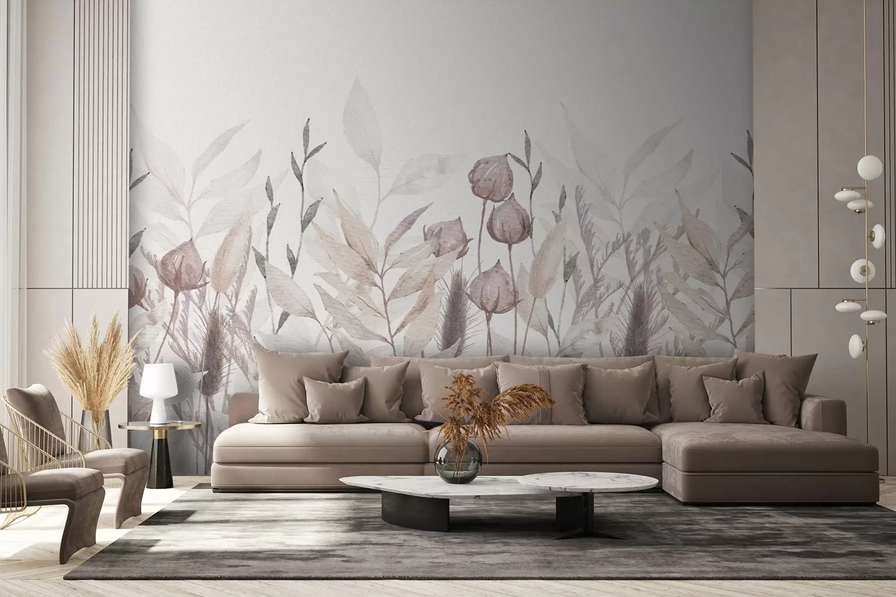 murales de pared espiguillas y plantas silvestres en tonos beige w02203
