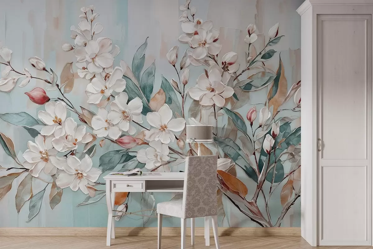 murales de pared Floral de delicadas flores blancas con centros rosas, rodeadas de exuberantes hojas y ramas verdes w08399