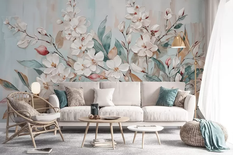 murales de pared Floral de delicadas flores blancas con centros rosas, rodeadas de exuberantes hojas y ramas verdes w08399