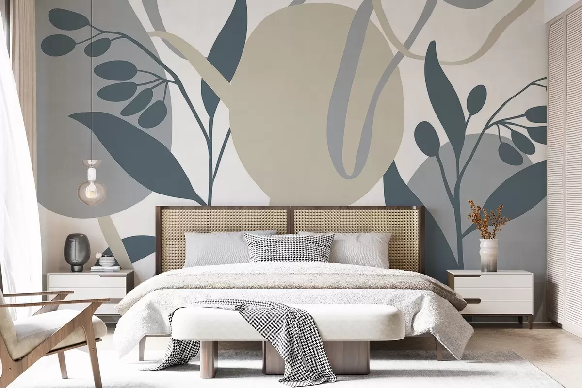 murales de pared Un estampado floral abstracto minimalista con formas beige y grises sobre fondo blanco w08400
