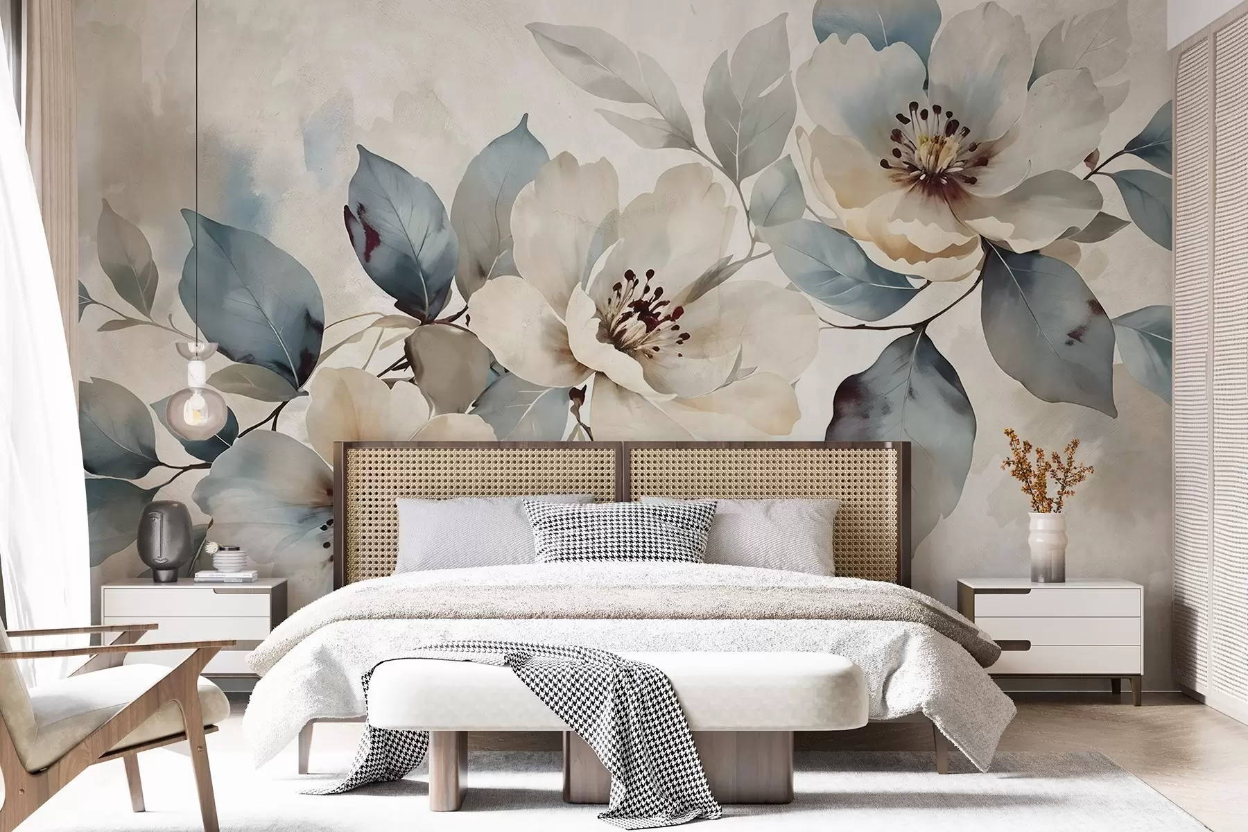 murales de pared Delicado arreglo floral blanco y azul con textura de acuarela, con suaves pétalos y centros w08401