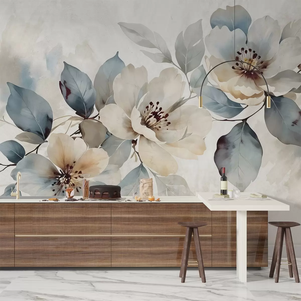 murales de pared Delicado arreglo floral blanco y azul con textura de acuarela, con suaves pétalos y centros w08401