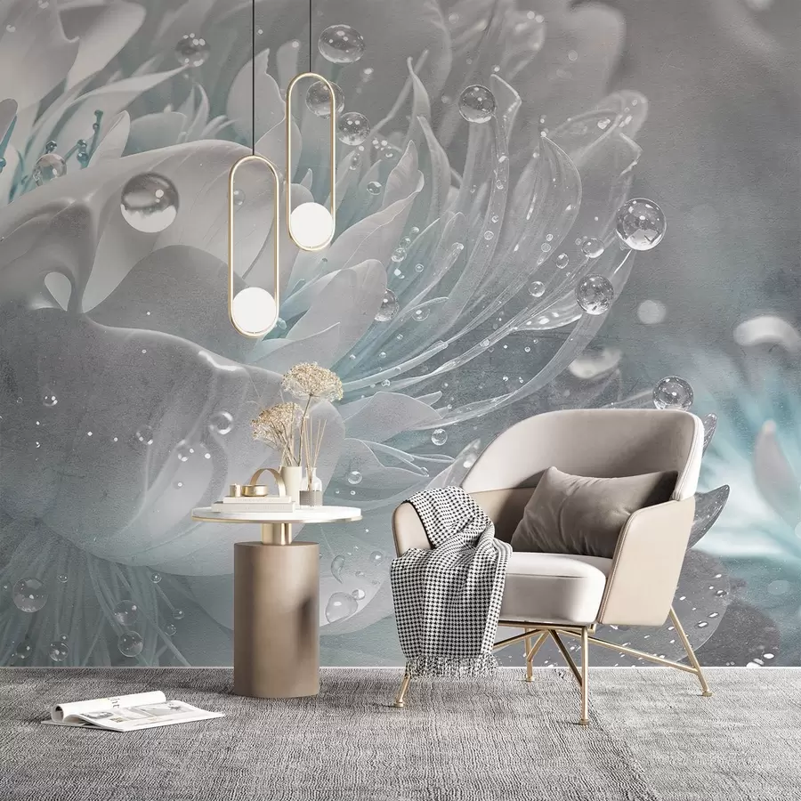 murales de pared Primer plano de una flor de peonía azul con gotas de agua sobre sus delicados pétalos, creando una atmósfera suave w08402v1