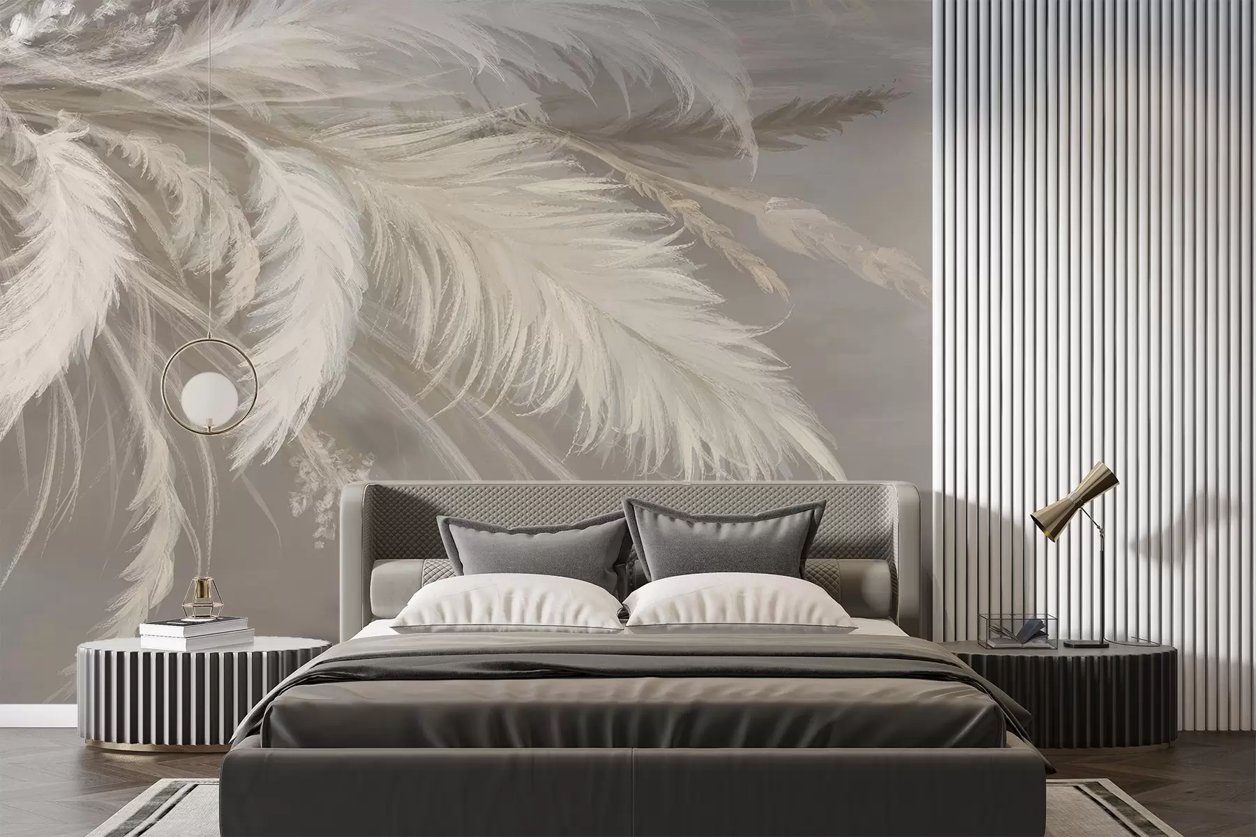 murales de pared Suaves y esponjosas plumas blancas y flores secas sobre un fondo neutro beige pastel w08403