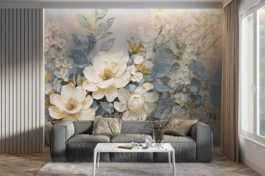 murales de pared Grandes flores blancas y amarillo pálido con hojas gris verdosas sobre un fondo suave y difuminado w08404