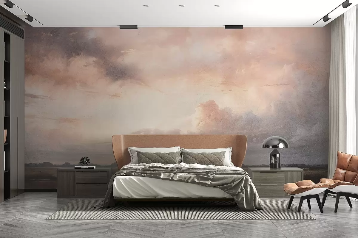 murales de pared Impresión con textura de paisaje dramático de cielo nublado sobre un tranquilo lago al atardecer, con colinas visibles en la distancia. w08409