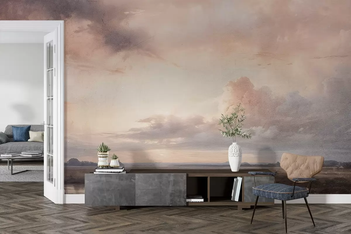 murales de pared Impresión con textura de paisaje dramático de cielo nublado sobre un tranquilo lago al atardecer, con colinas visibles en la distancia. w08409