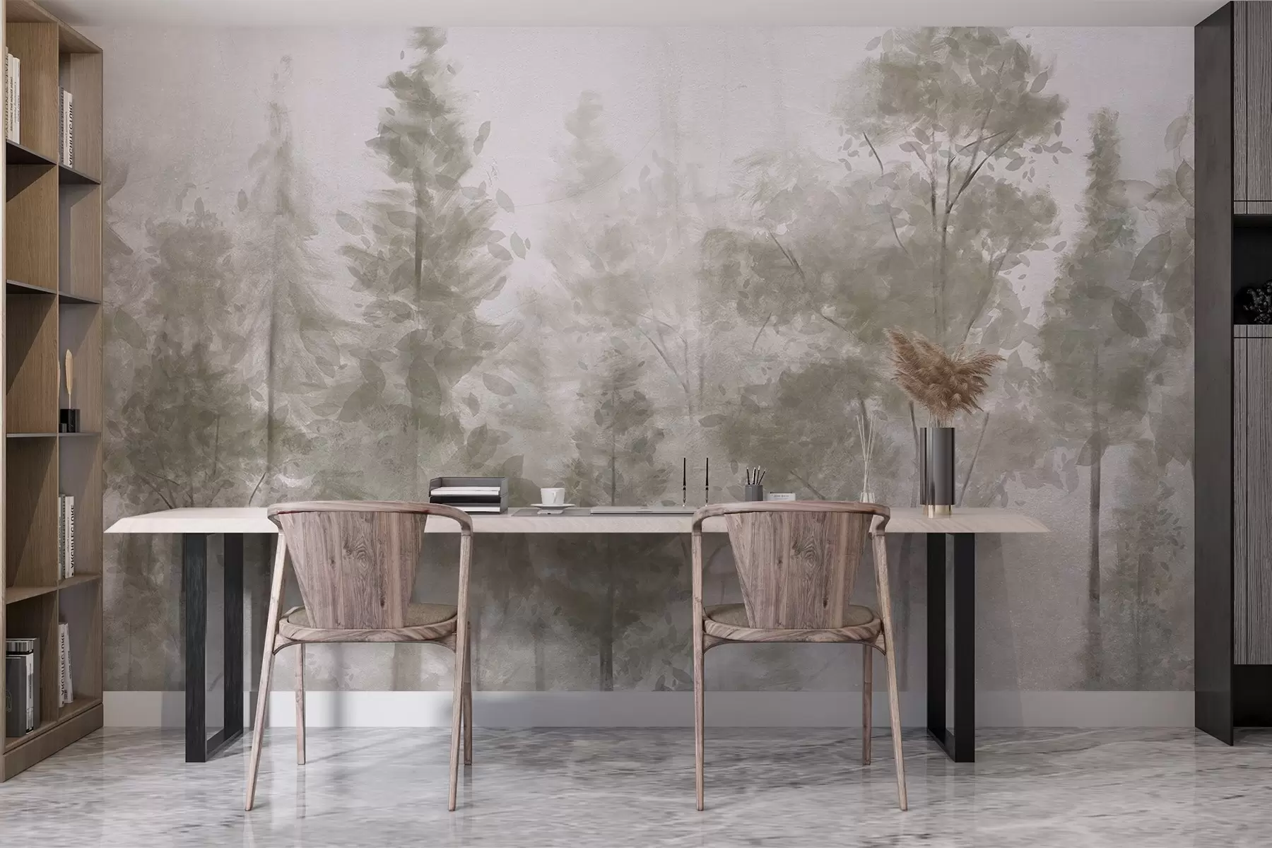 murales de pared Altos pinos texturizados en un bosque brumoso, con una atmósfera neblinosa y brumosa w08411