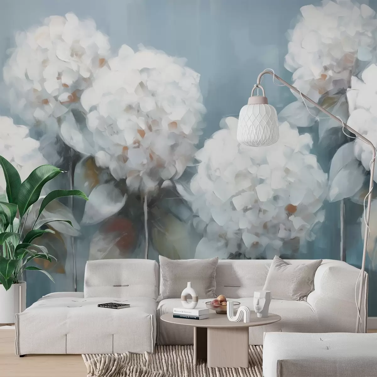murales de pared Hortensias blancas sobre fondo azul w02159