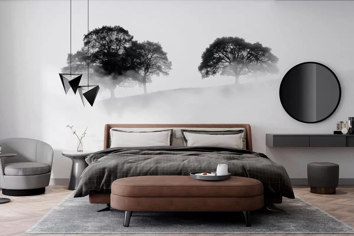 murales de pared Árboles en la colina, minimalismo, naturaleza, blanco y negro w02148