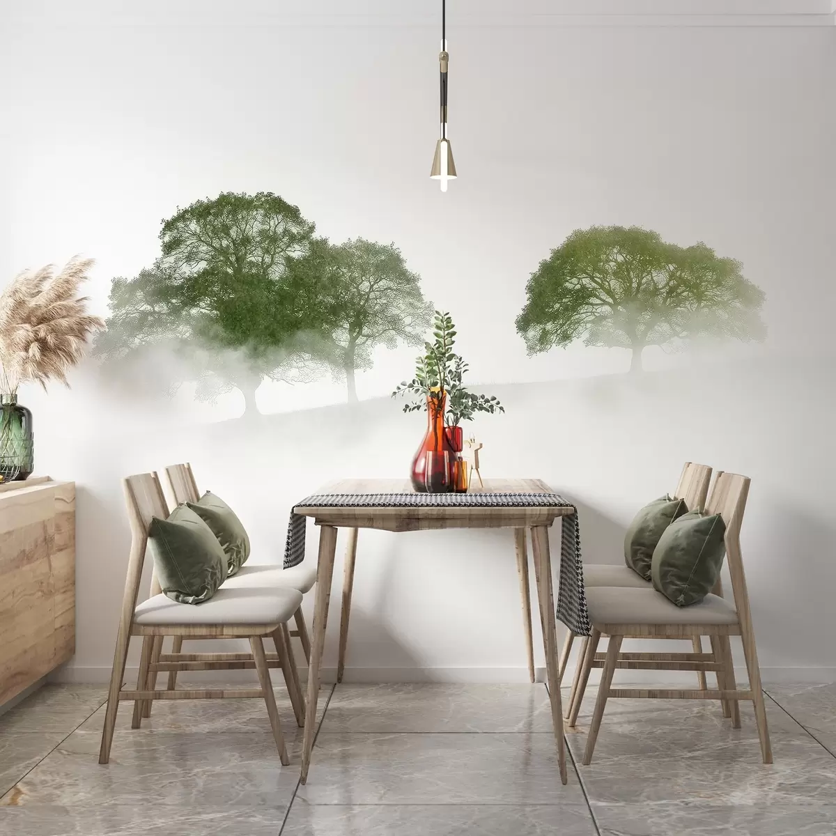 murales de pared Árboles en la colina, minimalismo, naturaleza, paleta de colores verdes  w02148v2