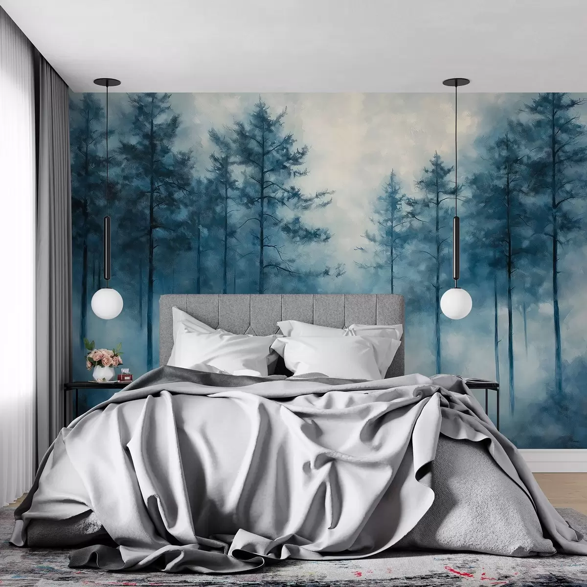 murales de pared Bosque místico, pinos, niebla, pintura acrílica, colores azul oscuro w02149