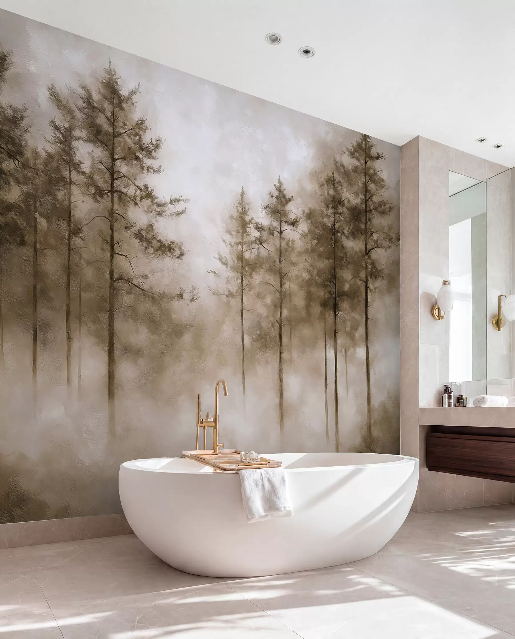 murales de pared Bosque místico, pinos, niebla, pintura acrílica, colores beige w02149v1