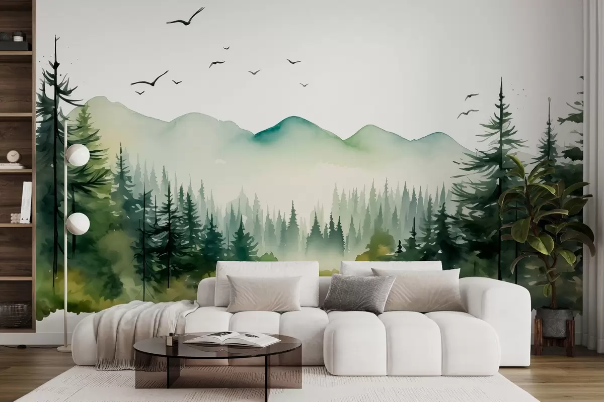 murales de pared Paisajes de bosque y montaña en acuarela, paleta de colores verdes  w02150