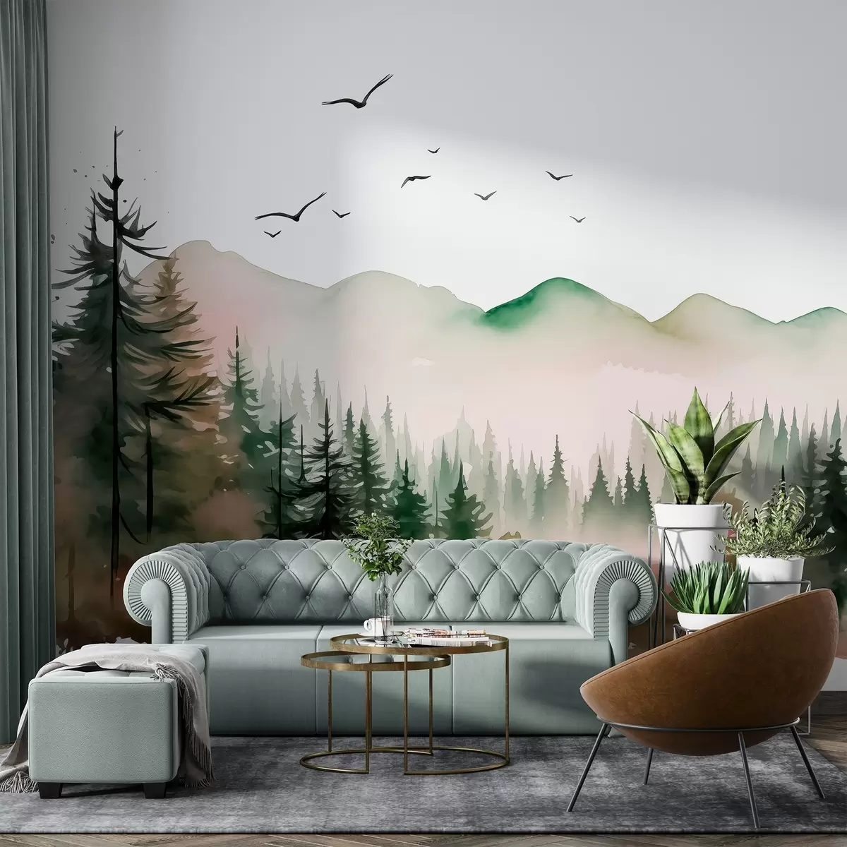 murales de pared Paisajes de bosque y montaña en acuarela, colores verde y rosa  w02150v1