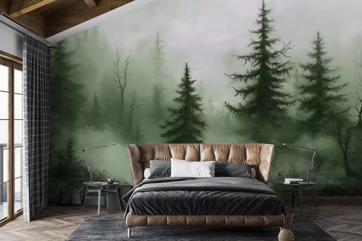 murales de pared Bosque verde oscuro, pintura al óleo, pinceladas, naturaleza w02153v1