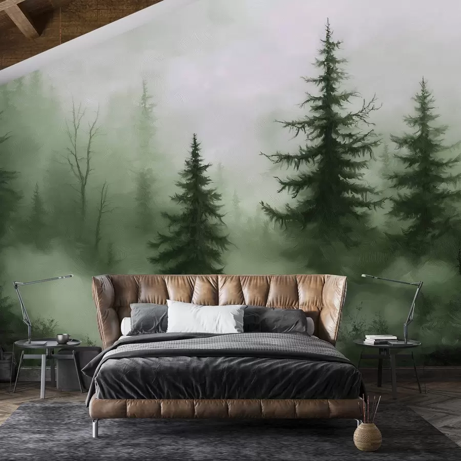 murales de pared Bosque verde oscuro, pintura al óleo, pinceladas, naturaleza w02153v1