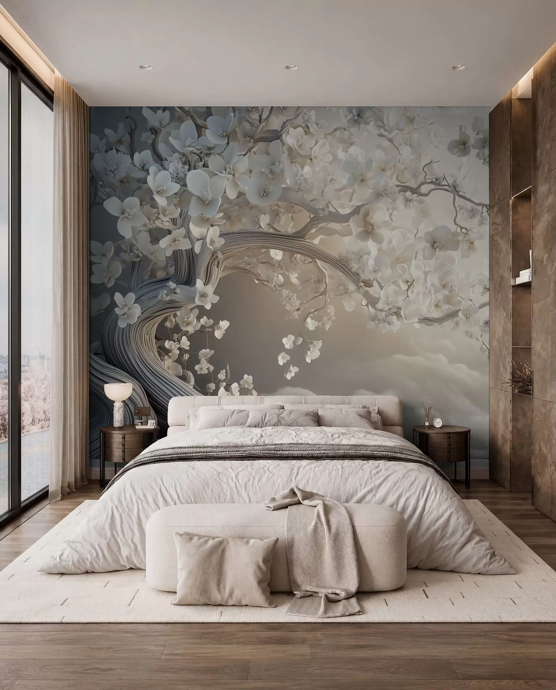 murales de pared Un árbol encantador con flores blancas contra el fondo de nubes en un estilo interesante en delicados colores cálidos w02133