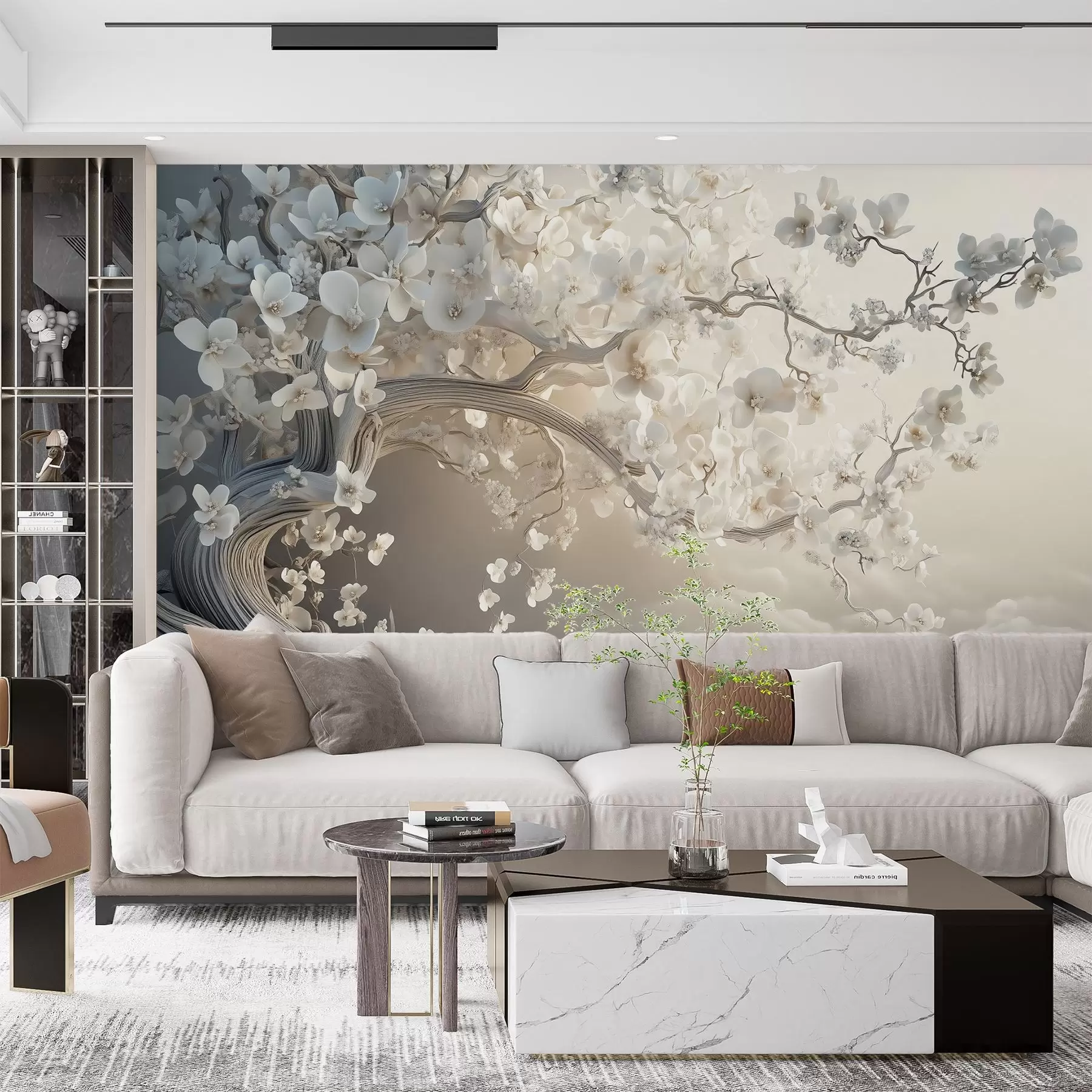 murales de pared Un árbol encantador con flores blancas contra el fondo de nubes en un estilo interesante en delicados colores cálidos w02133