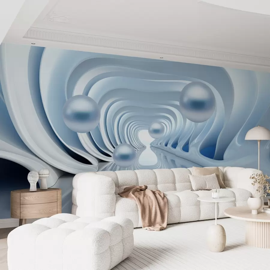 murales de pared Papel pintado futurista con una panorámica del túnel en perspectiva y perlas voladoras w02134