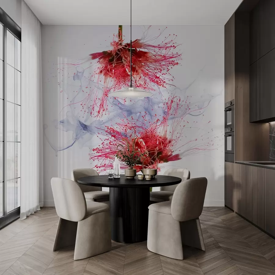 murales de pared Grandes flores rojas en primer plano sobre un fondo de humo  w02137