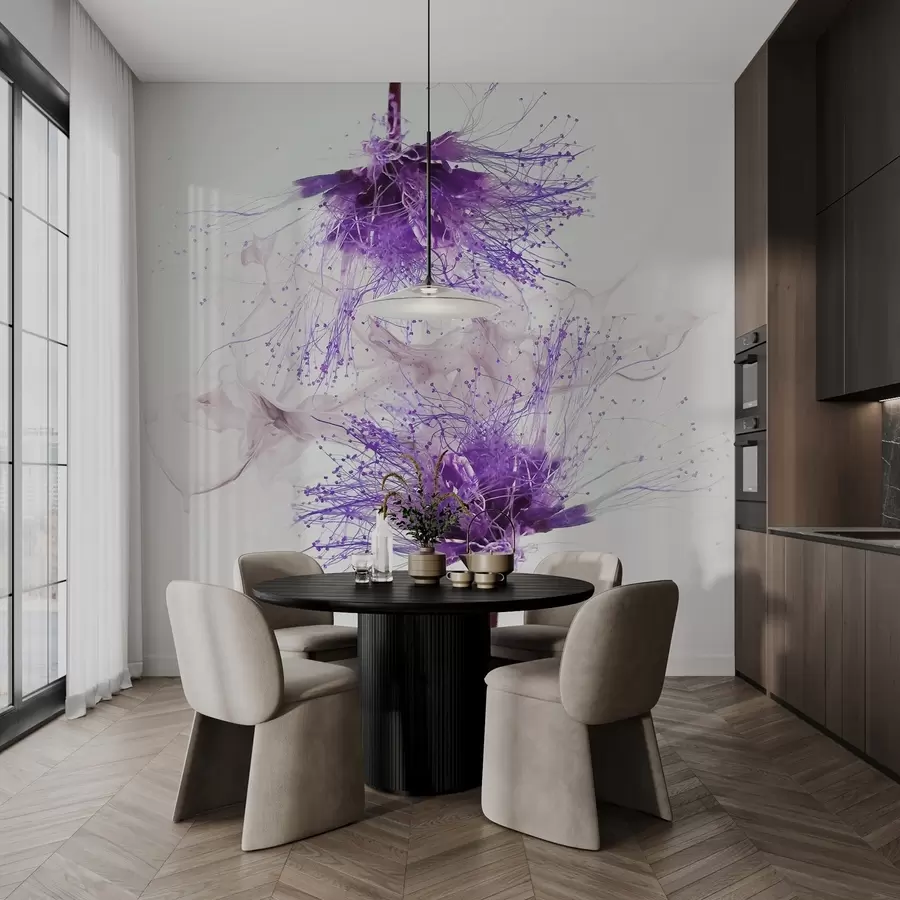 murales de pared Grandes flores moradas en primer plano sobre un fondo de humo  w02137v1