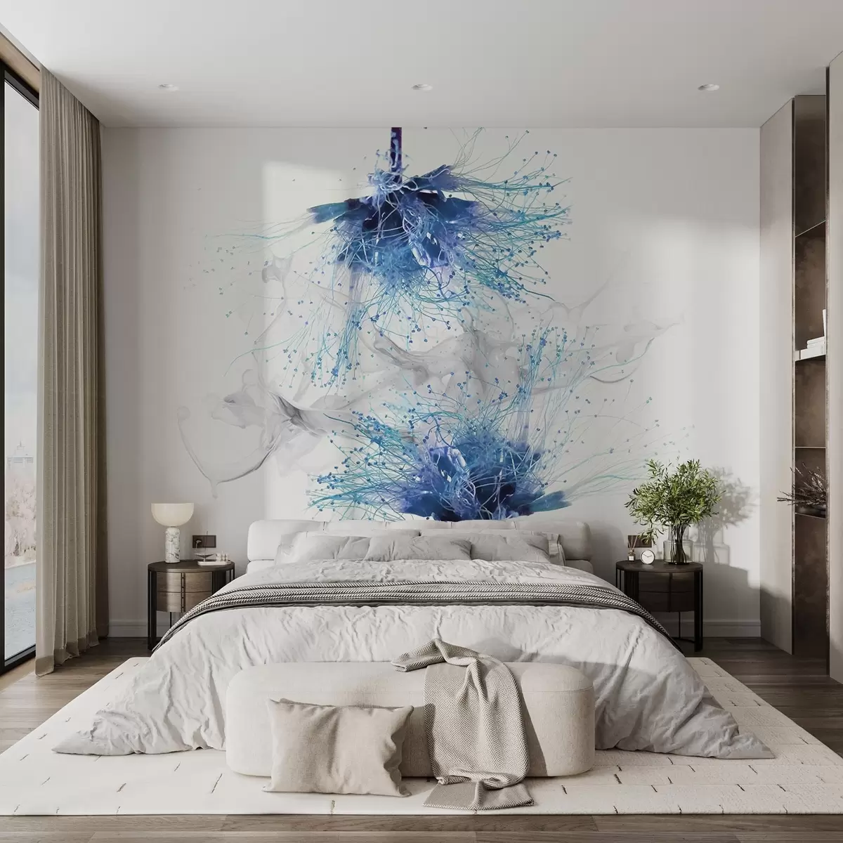 murales de pared grandes flores azules en primer plano sobre un fondo de humo  w02137v2