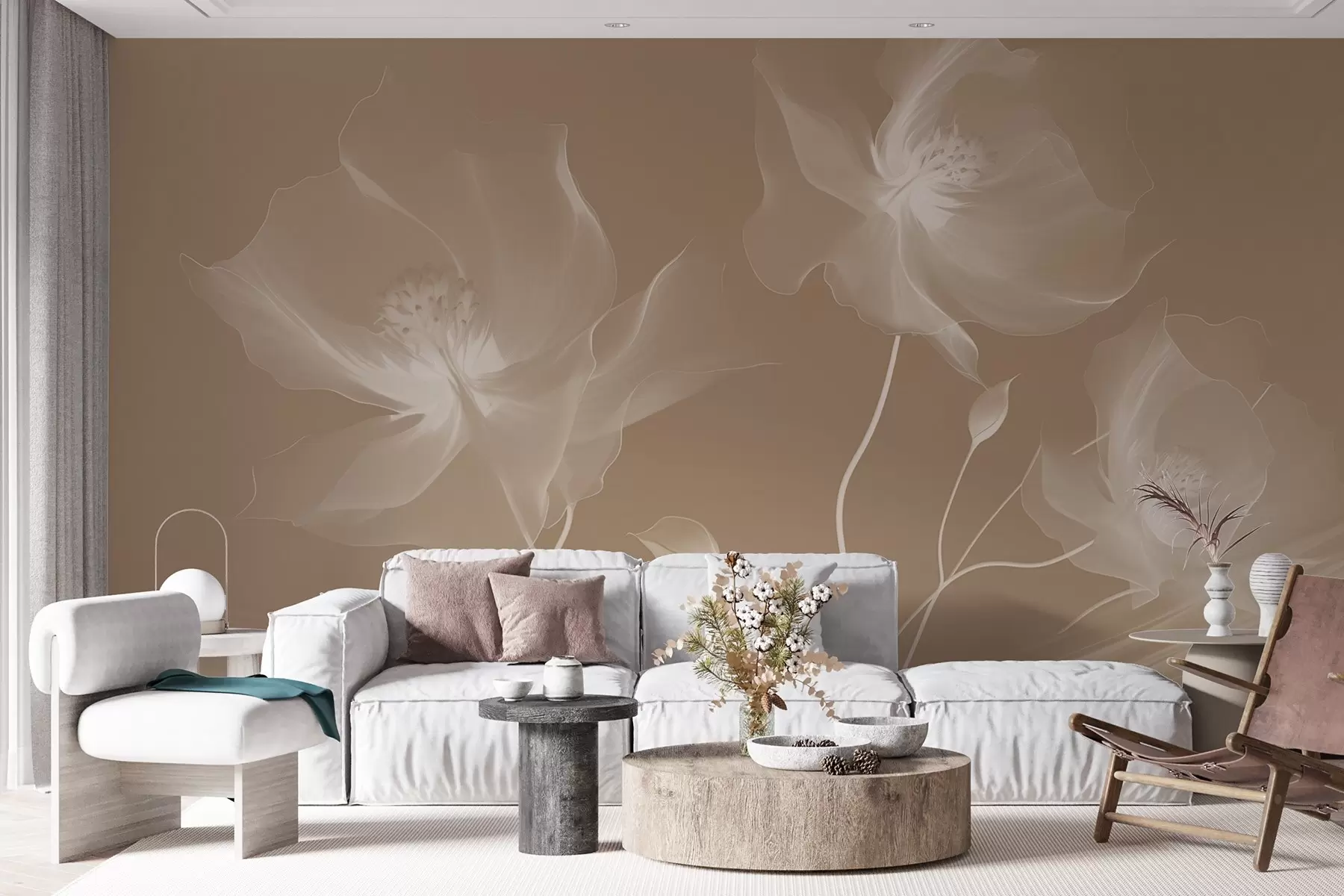 murales de pared Tres graciosas flores de pétalos translúcidos, entrelazadas con cintas de luz y viento en sepia w01932v1